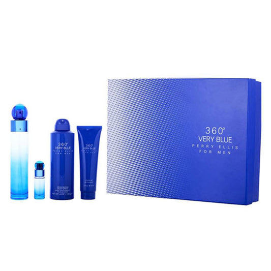 SET PERRY ELLIS 360 VERY BLUE MEN ( 4 PIEZAS ) 3.4 OZ EDT SP / CUERPO SPR 6.8 OZ / GEL DE DUCHA 3.0 S/OZ / MINI