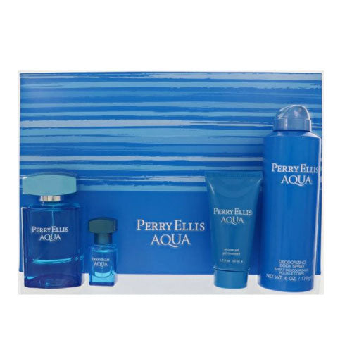 SET PERRY ELLIS AQUA (4PC) 3.4 OZ EDT /  6.8 OZ DEO BODY SPRAY /  1.7 OZ SG / MINI