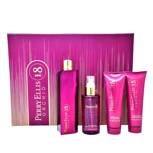 SET PERRY ELLIS 18 ORCHID WOMEN (4 PC ) 3.4 OZ EDP SP / 4.0 OZ MIST / 3.0 OZ BL / 3.0 OZ S/GEL