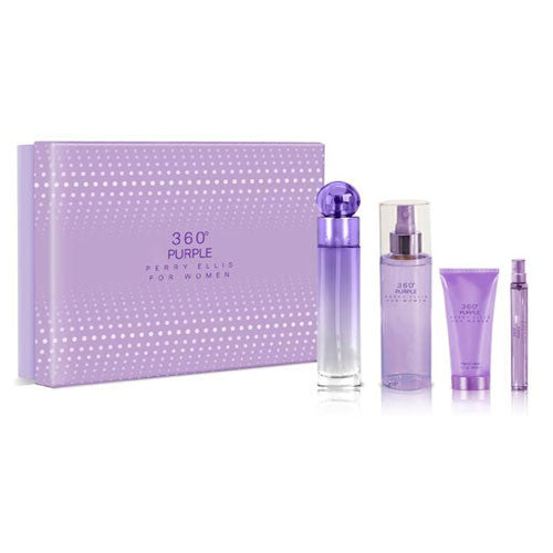 SET PERRY ELLIS 360 PURPLE WOMEN ( 4 PC SET ) 3.4 OZ. EDP SP / 4.0 OZ BM. / 3.0 OZ. SG / 10ML MINI