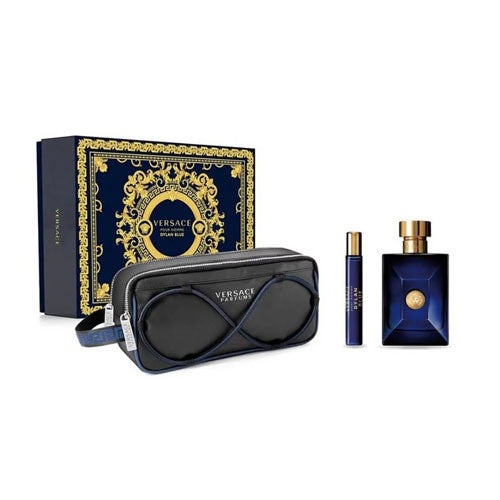 SET VERSACE DYLAN BLUE MEN ( 3 PZ )3.4 OZ EDT / TRAVEL 0.3 OZ /BOLSO