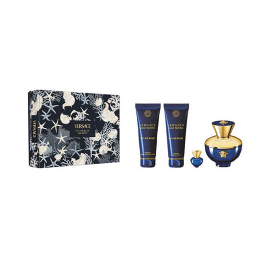SET VERSACE DYLAN BLUE WOMEN ( 4 PC ) 3.4 OZ EDP SP / 0.17 OZ EDP SP / 3.4 OZ SHOWER GEL / 3.4 OZBODY LOTION